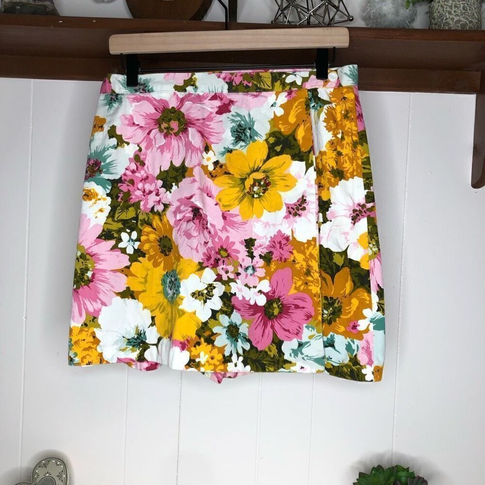 Women's Floral Wrap Front A-Line Skort Yellow & Pink Size Small-Medium